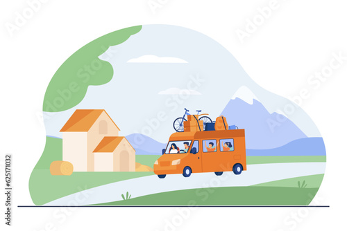 Family traveling in camper van vector illustration. Summer landscape and truck moving along rural road with luggage and bicycle on roof. Summer road trip, family activity concept