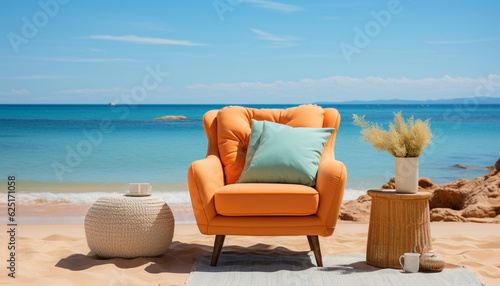 Relaxing Holiday: Armchair on the Beach with Sea View. Generative AI, © oraziopuccio