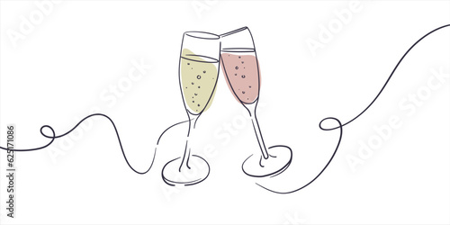 Continuous line champagne cheers one line art, continuous drawing contour. Cheers toast festive decoration for holidays. Vector illustration