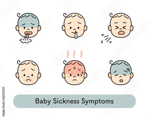赤ちゃん　ベビー　病気　イラスト　アイコン 　セット
