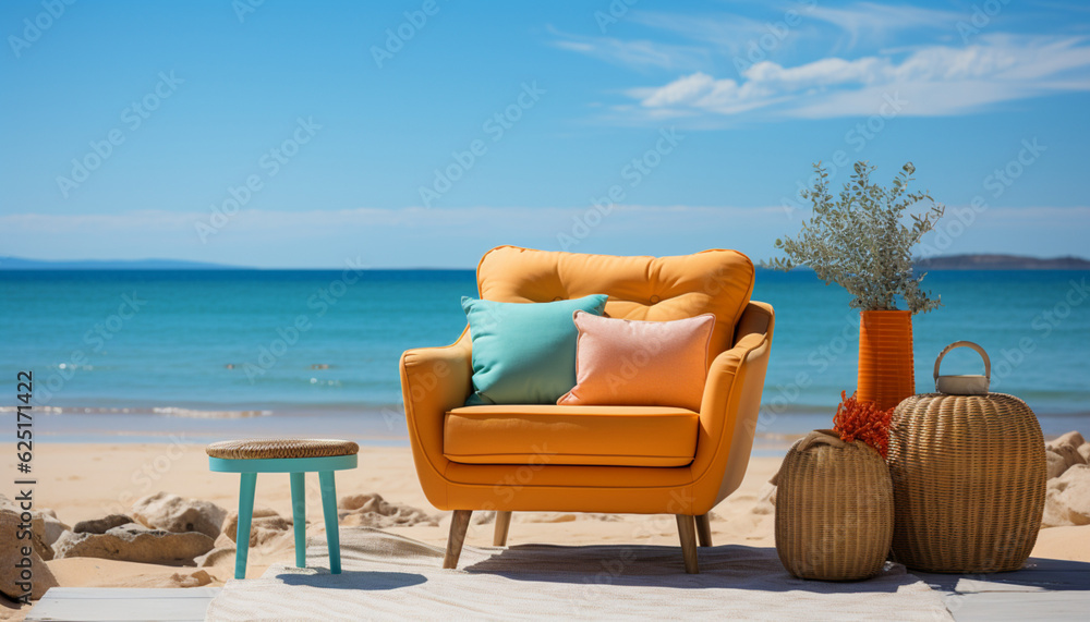 Relaxing Holiday: Armchair on the Beach with Sea View. Generative AI,