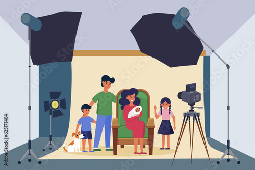 Happy family posing for photo vector illustration. Camera on tripod ready for photoshoot in studio. Mother holding baby and children cuddling around. Camera equipment, family portrait concept