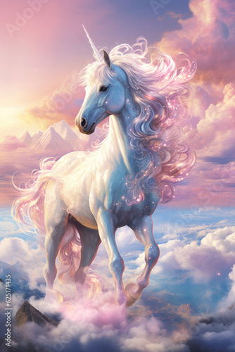 Majestic portrait of an ethereal mythical Unicorn against a magical cloudy backdrop.