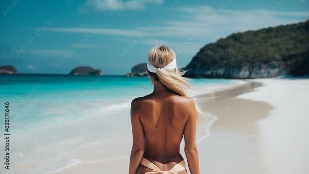Beautiful young woman on a sandy tropical sea beach, view from the back. Generative AI