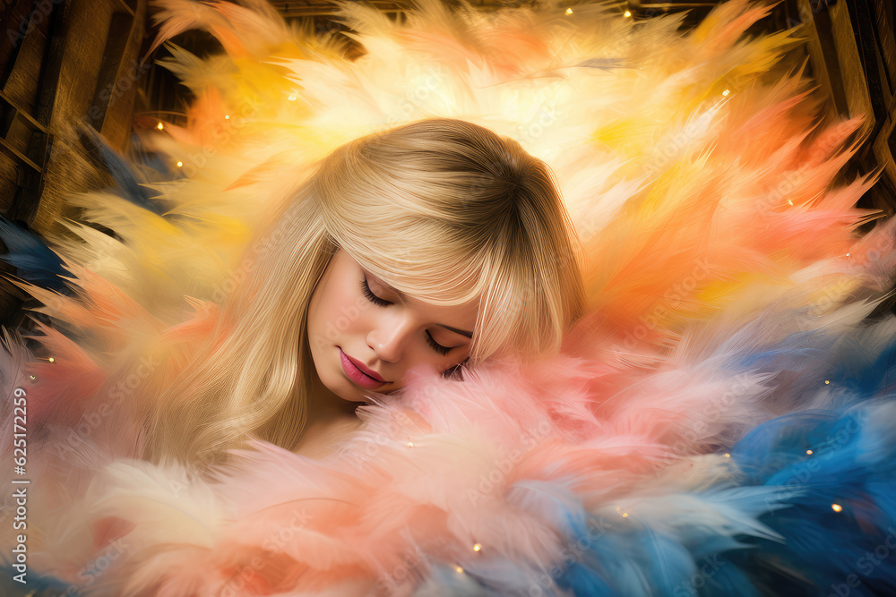 Beautiful blonde woman sleeping peacefully on pastel coloured feathers with golden energetic feathers behind.