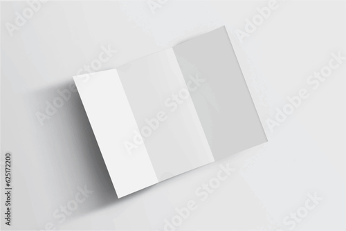 Realistic empty blank white tri-fold mockup, windows and leaf shadow overlay isolated background. 3D Vector Illustration.