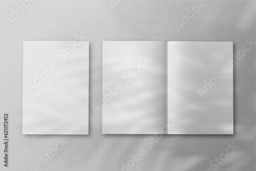 Realistic empty blank A4/A5 flyer, booklet, half-fold, brochure, leaflet, book presentation template design. Window and leaves shadow overlay, isolated on white background. 3D Vector Illustration.