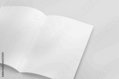 Realistic empty blank A4/A5 flyer, booklet, half-fold, brochure, leaflet, book presentation template design. Window and leaves shadow overlay, isolated on white background. 3D Vector Illustration.