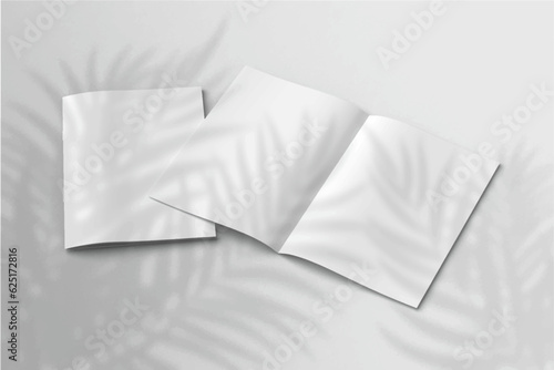 Realistic empty blank A4/A5 flyer, booklet, half-fold, brochure, leaflet, book presentation template design. Window and leaves shadow overlay, isolated on white background. 3D Vector Illustration.