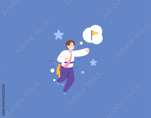 a Businessman flies by using a rocket pack or a jet pack to get to their destination quickly. A fast way to quickly achieve your target and succeed. shortcuts. business and goals. illustration concept