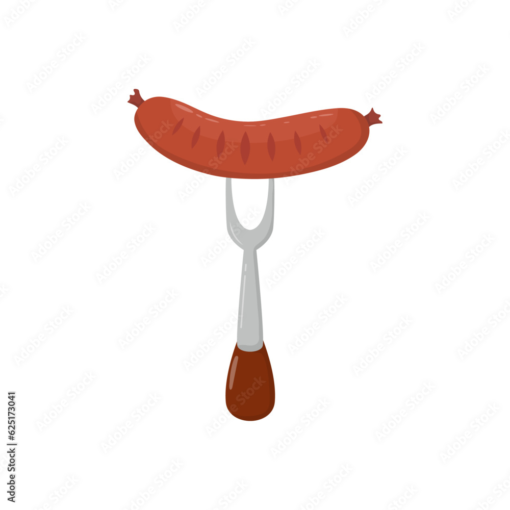 Flat grilled sausage on fork vector illustration on white background Flat grilled sausage on fork vector illustration on white background