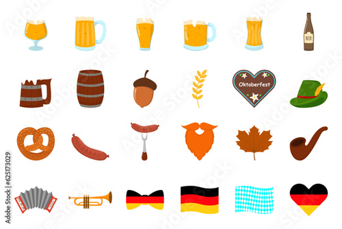 Oktoberfest Beer Festival element set. gingerbread, accordion, beer, grilled sausage on fork, smoking pipe and ets.
