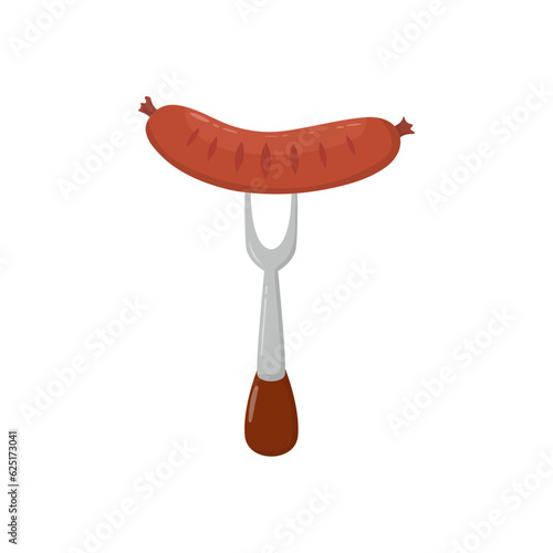 Flat grilled sausage on fork vector illustration on white background