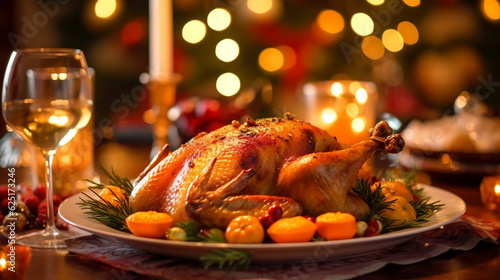 Closeup photo of tasty baked turkey with fresh vegetable on festive family dinner. Generative ai