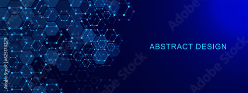 Abstract futuristic hexagons for network connection, computer and communication technology on dark blue background.
