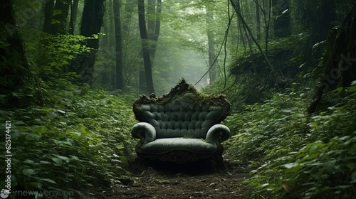 The soft armchair in the forest. Created with Generative Ai technology.