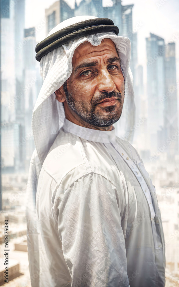 rich arab businessman in Traditional White Outfit in big city in background, generative AI