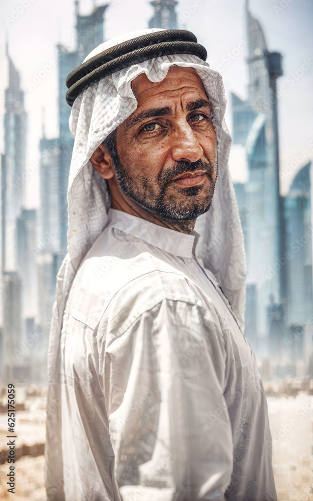 rich arab businessman in Traditional White Outfit in big city in background, generative AI rich arab businessman in Traditional White Outfit in big city in background, generative AI