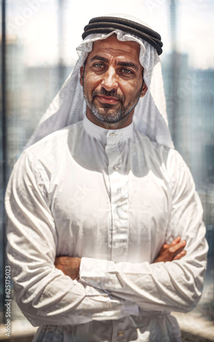 rich arab businessman in Traditional White Outfit in big city in background, generative AI