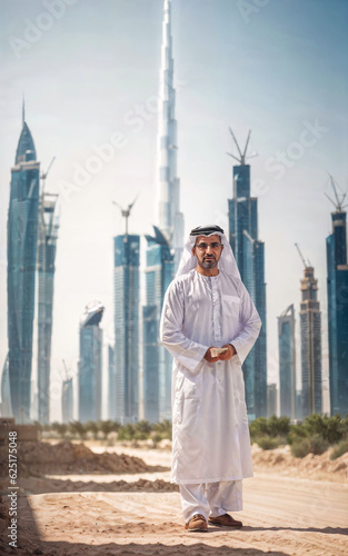rich arab businessman in Traditional White Outfit in big city in background, generative AI