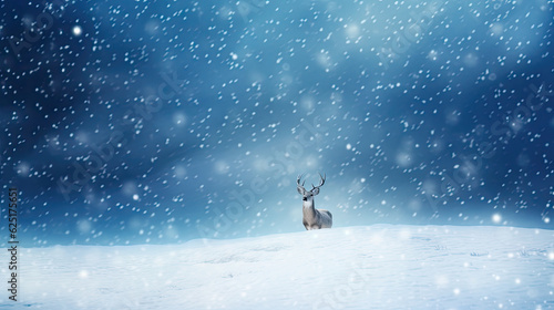 Blue backdrop, falling snowflakes caress a lone snow deer, creating a serene winter scene of solitude and beauty © ArYu Photography