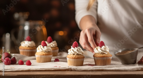 Women\'s hands of a confectioner, decorating cupcakes with raspberries. Pastry chef decorates the muffins with fresh berries. Close-up, space for text, digital ai
