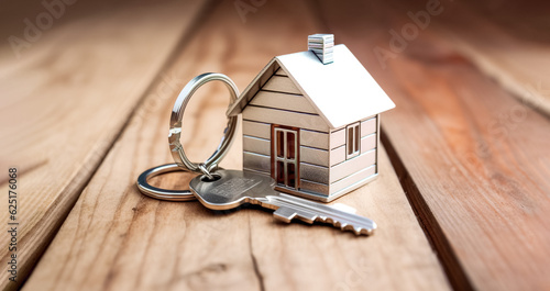 House keys with house shaped keychain on wooden background. House key on a house shaped keychain resting on wooden floorboards concept for real estate, moving home or renting property  © Viks_jin