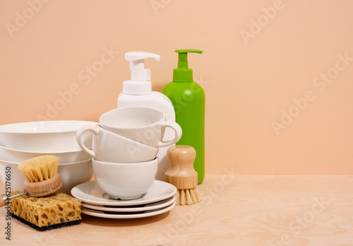 Dishes assortment. Copy space for text. Washing dishes at home.