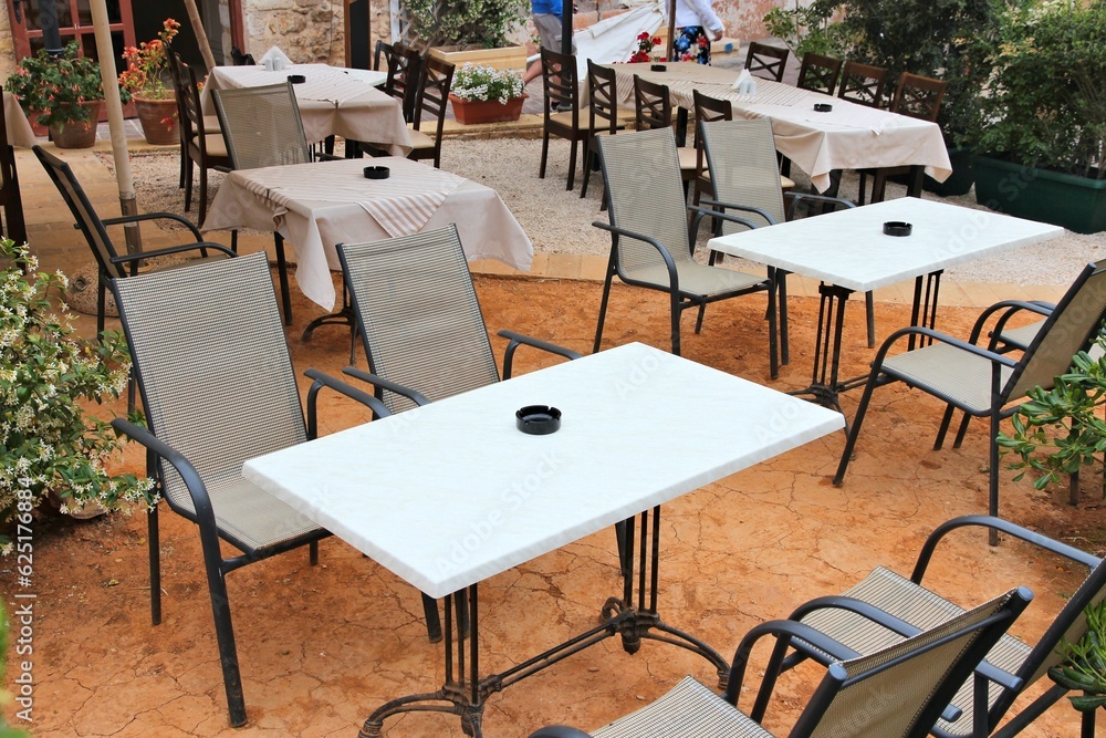 Restaurant tables and chairs in Athens, Greece.