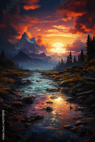 A beautiful landscape with a stunning sunset over a tranquil lake. AI generative
