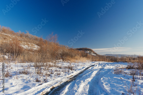 Winter landscape. Road covered with snow and a hill with tall dry grass on a sunny day. © Tishina