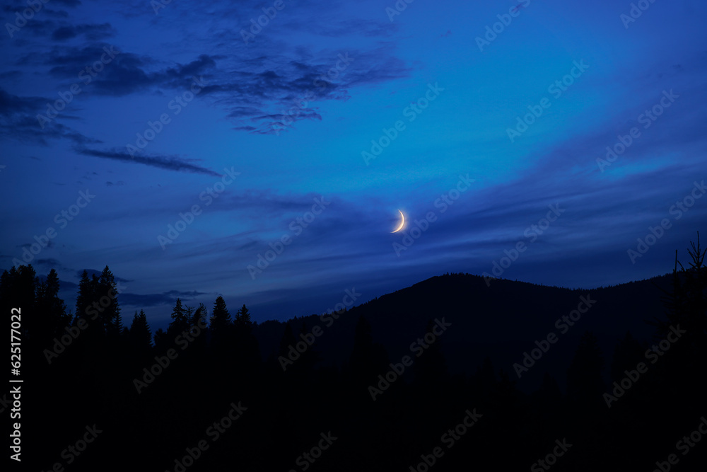 Night in mountains. Silhouette against the sky