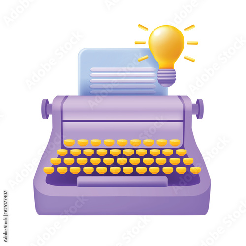 3D typewriter poet success icon, old vector typing machine literature poetry idea, creative article. Publishing author copywriting concept, journalist report press, storytelling news. 3D typewriter