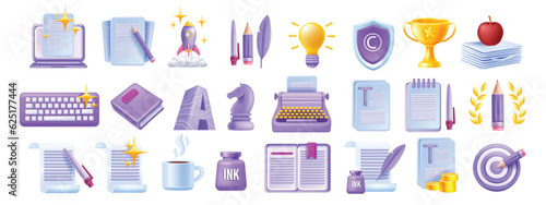 3D write author icon set, vector laptop article, creative story content sign, book paper document. Literature poetry concept, digital education translate grammar clipart, typewriter. Write icon kit