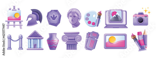 3D museum education icon vector set, art gallery historical sign, culture heritage archaeology kit. Greek column, old sculpture entry ticket, frame picture camera, online exhibition guide. Museum icon