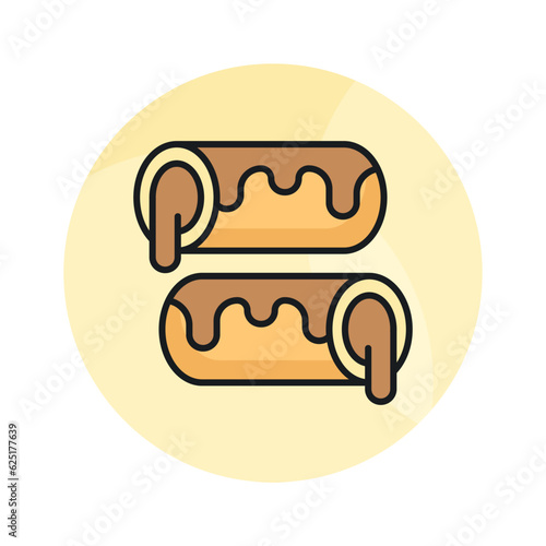 A small, soft, log shaped pastry filled with chocolate, modern flat eclair icon