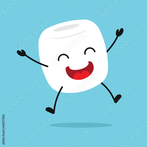 Cute happy marshmallow character. Funny jump marshmallow cartoon emoticon in flat style. sweet emoji vector illustration