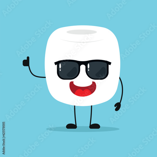 Cute happy marshmallow character wear sunglasses. Funny marshmallow greet friend cartoon emoticon in flat style. sweet emoji vector illustration
