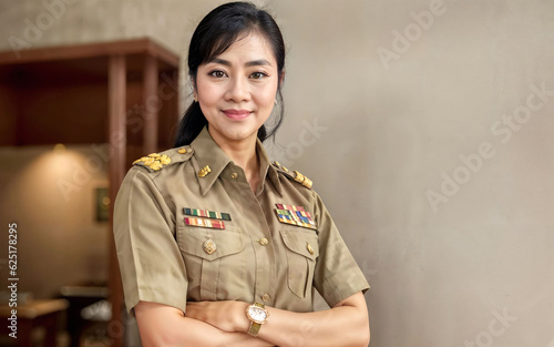 photo of middle aged asian woman in Thai teacher uniform, generative AI