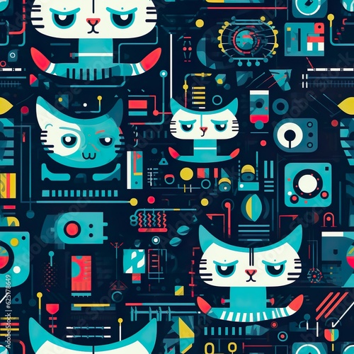 cats seamless pattern in style of techno art