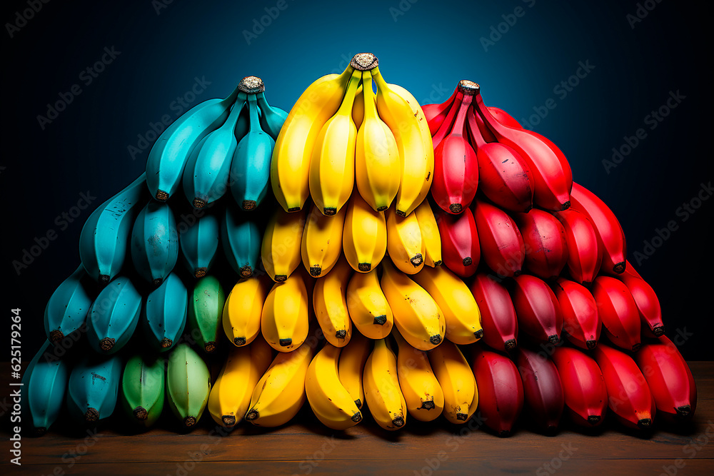 Bunches of yellow, blue and red bananas. Modern Art. Bunches of yellow, blue and red bananas. Modern Art.