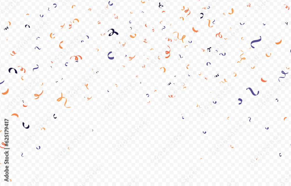 Halloween, birthday and graduation decorations with confetti and ribbons. Black, orange, white and purple. Isolated vector illustrations on white background.