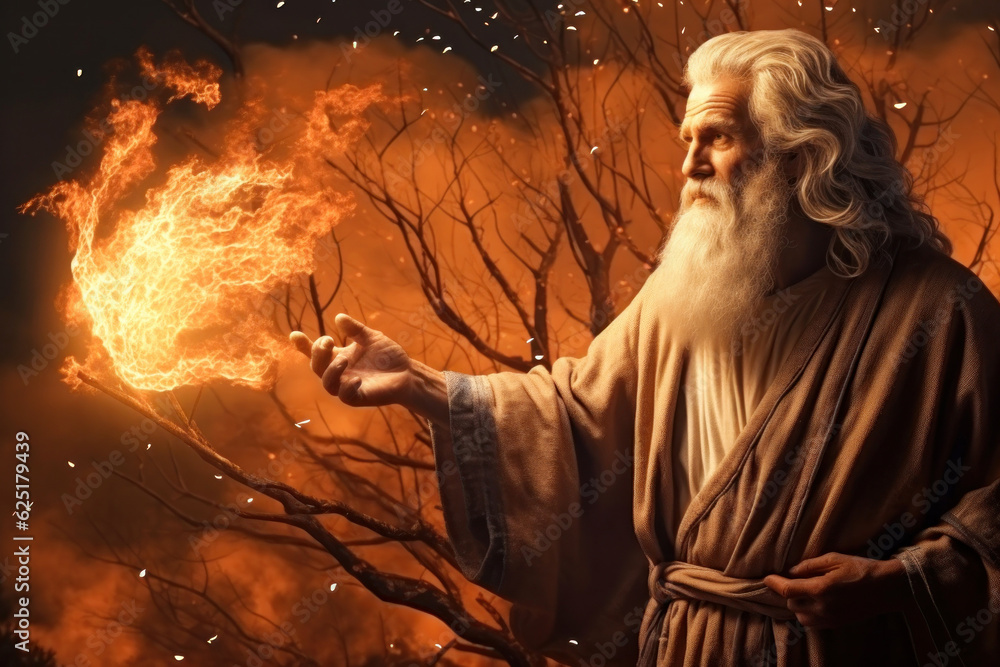 Gods appearance to Moses at the burning bush in the desert on Mount Sinai Generative AI Illustration Gods appearance to Moses at the burning bush in the desert on Mount Sinai Generative AI Illustration