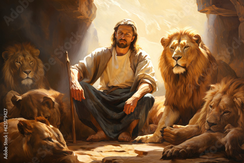 Daniel at the Lions Den Jesus Christ Lion of the Tribe of Judah Generative AI Illustration photo