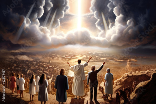 Illustration of people of God awaiting the Return of Jesus Christ in the clouds of heaven with great glory Generative AI photo
