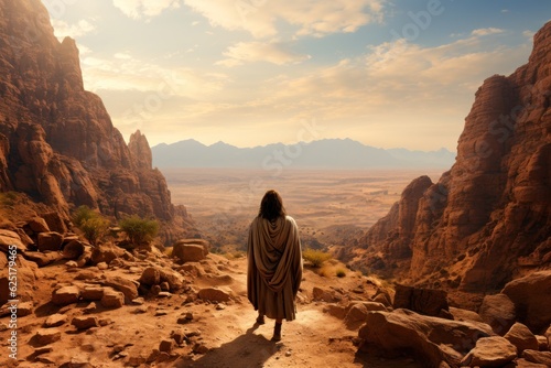 Jesus Christ in the desert of temptation facing his enemy Generative AI Illustration