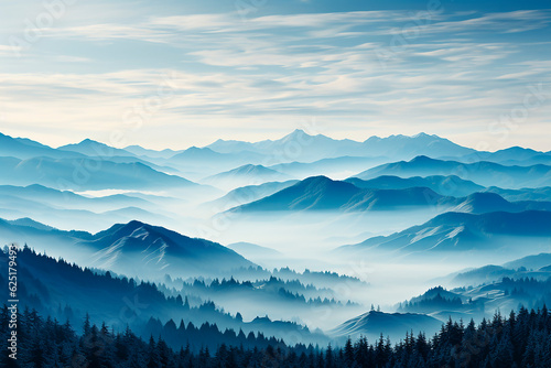 Beautiful wallpaper shades of blue in the blue mountains. Landscape, fog over mountain peaks. © Katerina Bond