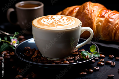 Close-up view of a cup of coffee latte with croissant in dark background. Generative AI