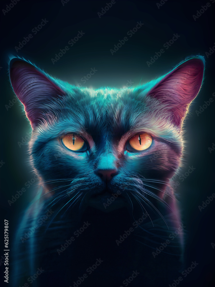 Portrait of Cat with Captivating Colorful Lighting Generated by AI