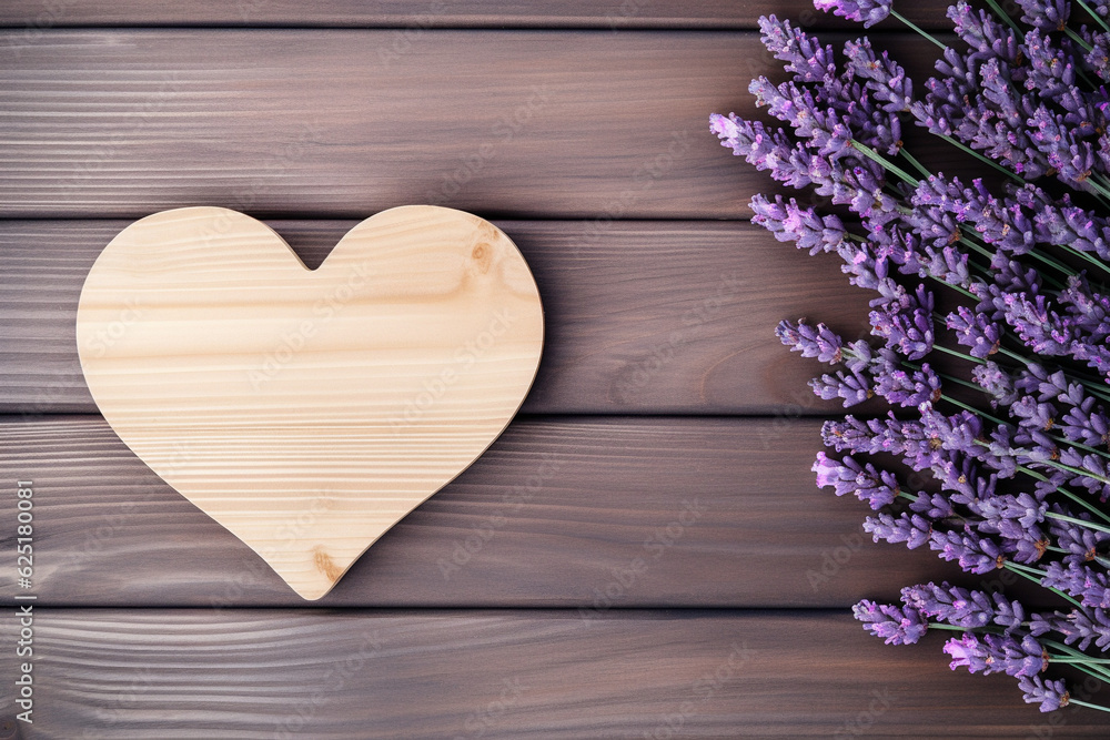 lavender flowers and heart on the wooden background simple, AI generation lavender flowers and heart on the wooden background simple, AI generation
